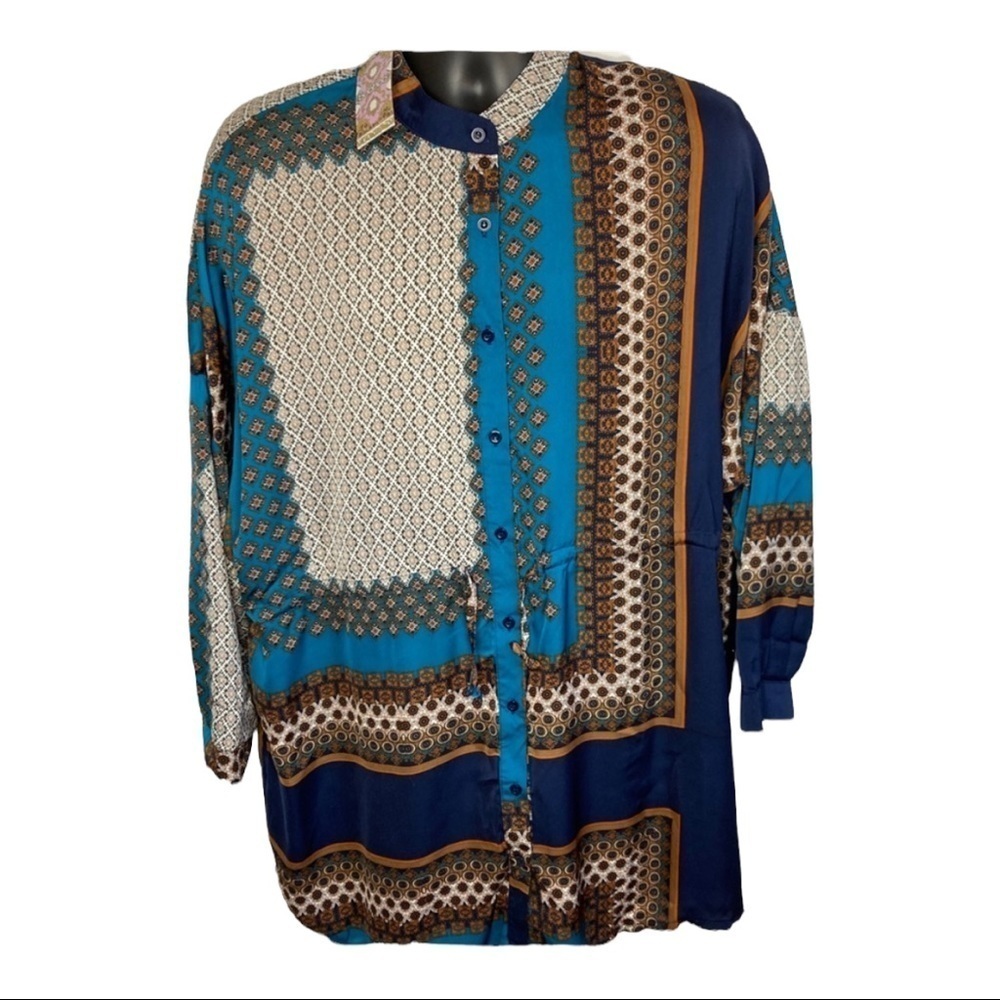 NWT Boohoo Paisley Oversized Shirt Dress Teal Sz 12
